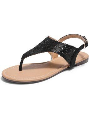 Women's Black T-Strap Gladiator Flats Buckle Closure Summer Casual Wear Sandals